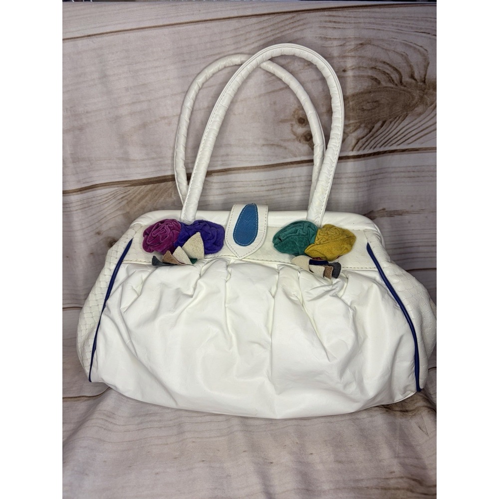 Vintage Y2K Samir Genuine Leather Should Bag Purse White‎ Color Floral Appliques